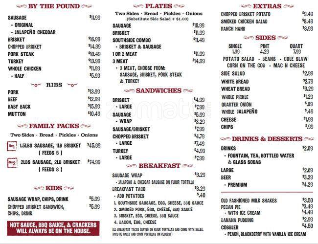 Southside Market Menu, Menu for Southside Market, Bastrop