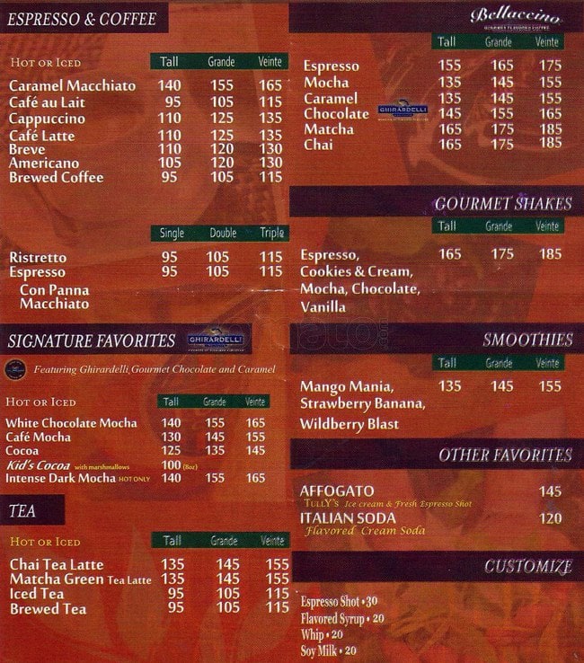 Menu At Tullys Coffee Cafe Taguig