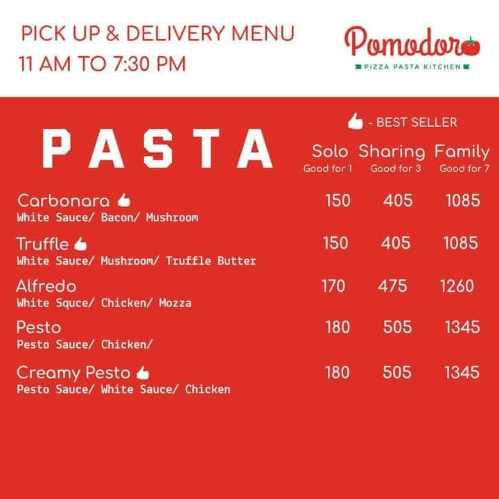 Menu at Pomodoro Pizza Pasta Kitchen restaurant, Pasig