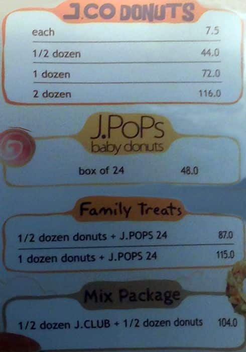 J.CO Donuts & Coffee Menu, Menu for J.CO Donuts & Coffee 