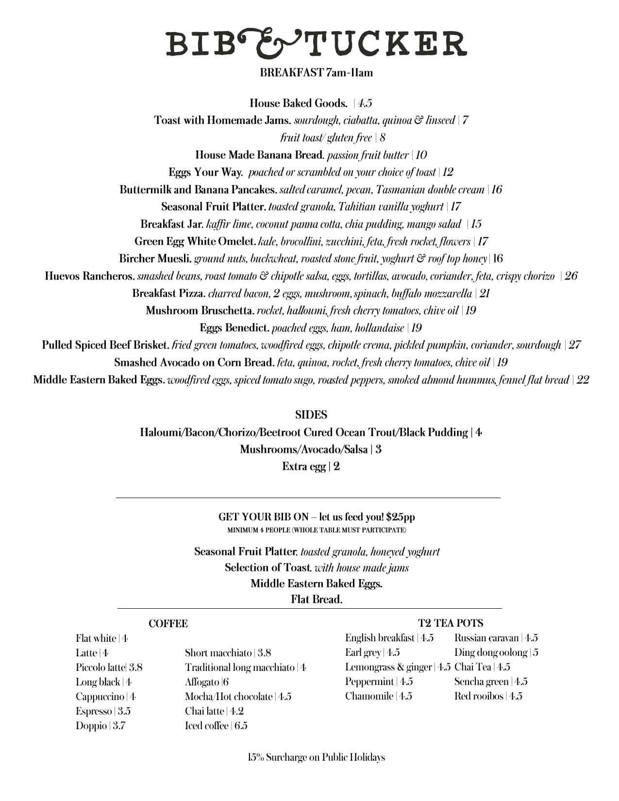 Bib & Tucker Menu, Menu untuk Bib & Tucker, Fremantle, Perth