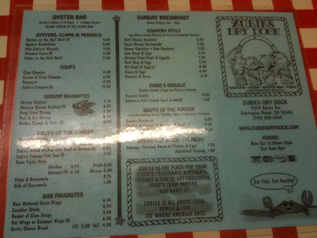 Zubies Dry Dock Menu, Menu for Zubies Dry Dock, Huntington Beach