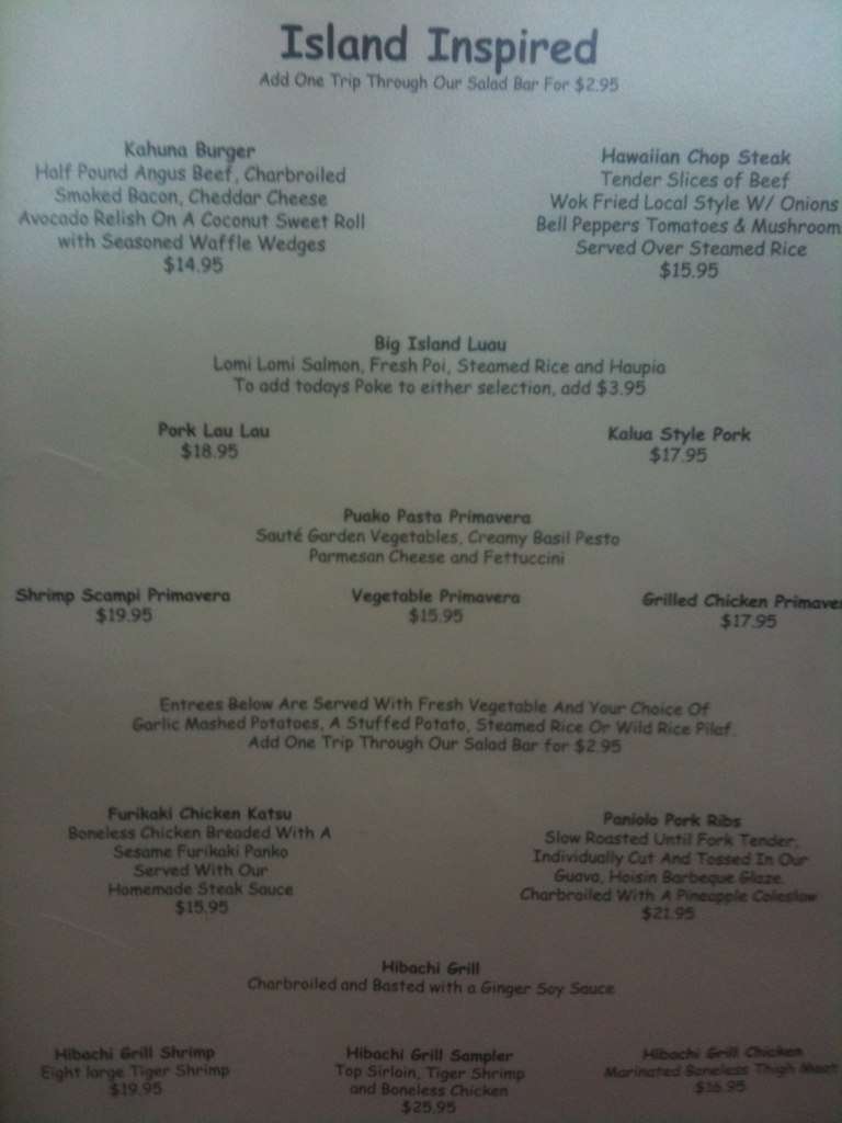 Menu at Coconut Grill restaurant, Hilo