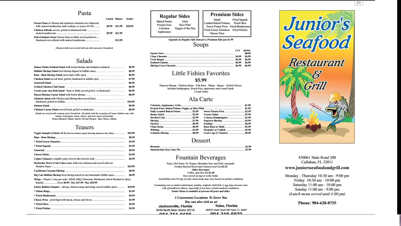 Menu at Junior's Seafood Restaurant and Grill, Yulee, State Rd 200