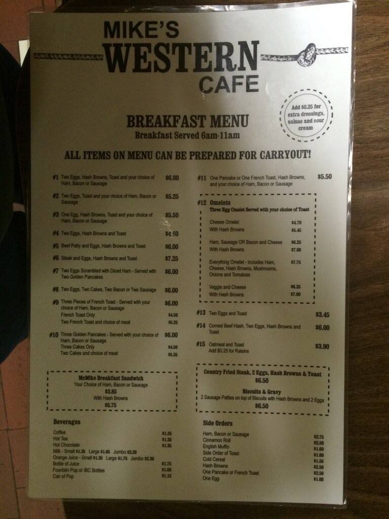 Mike's Western Cafe Menu, Menu for Mike's Western Cafe, Duluth, Duluth