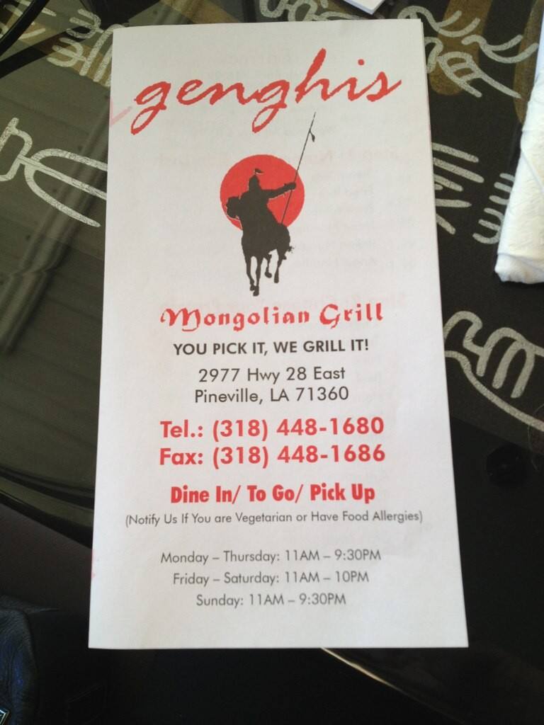 Menu at Genghis Mongolian Grill restaurant, Pineville