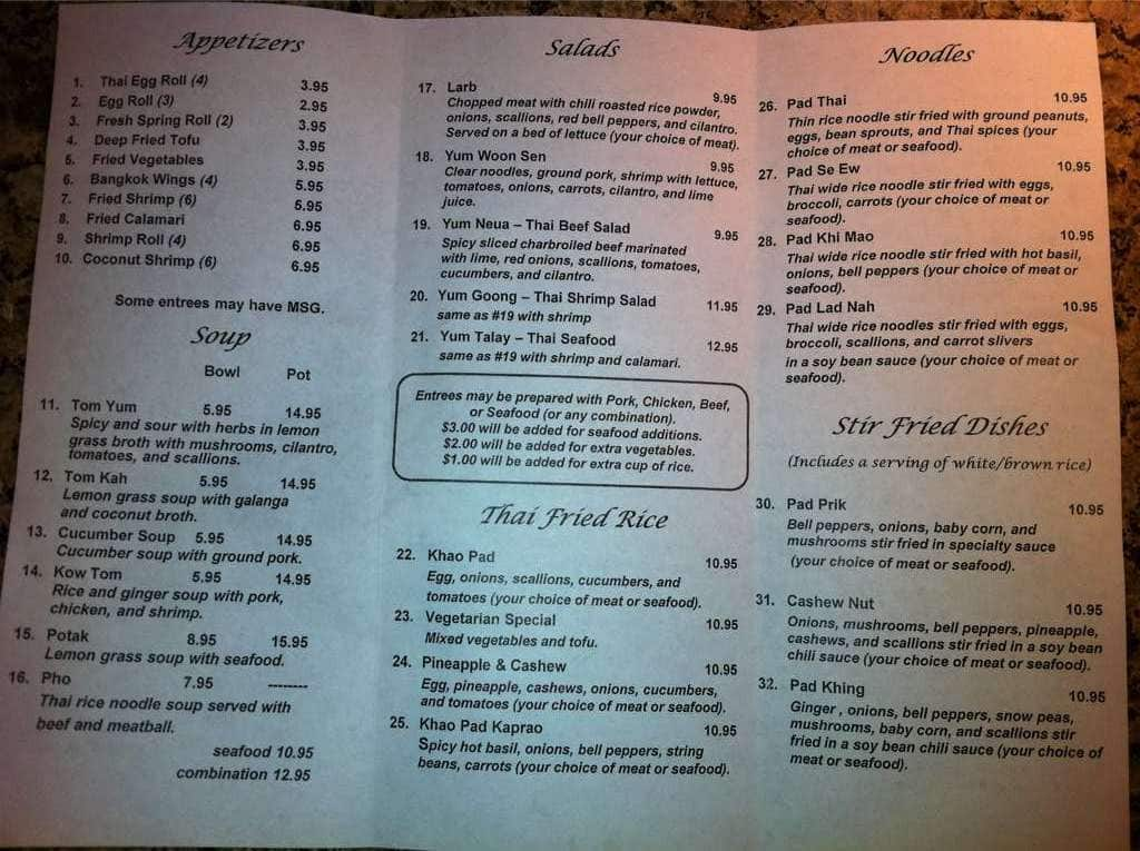 Bangkok Thai Menu, Menu for Bangkok Thai, Lafayette, Lafayette ...