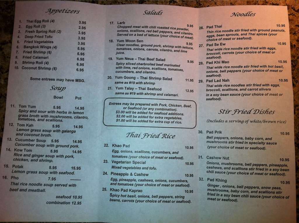 Menu At Bangkok Thai Restaurant Lafayette