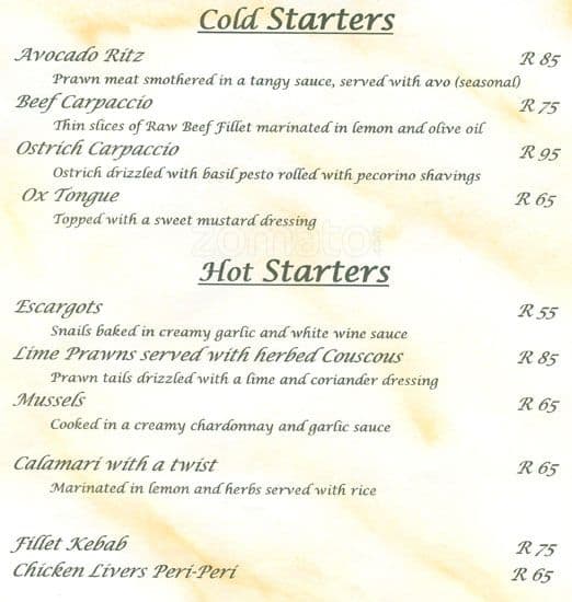 Orange Restaurant Menu, Menu for Orange Restaurant, Nelspruit