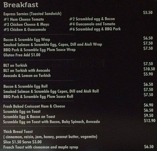 Menu at Grinders Coffee cafe, Brisbane City, Queen's Plaza