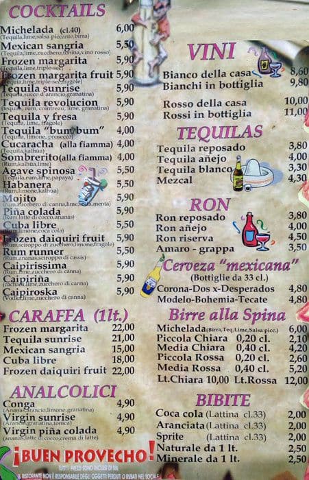 Menu di Fiesta y Siesta 