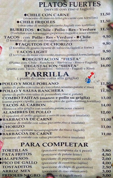 Menu di Fiesta y Siesta 