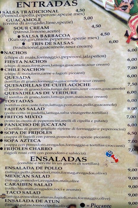 Menu di Fiesta y Siesta 