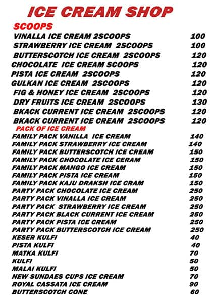 Menu at Ice Cream Shop, Bengaluru