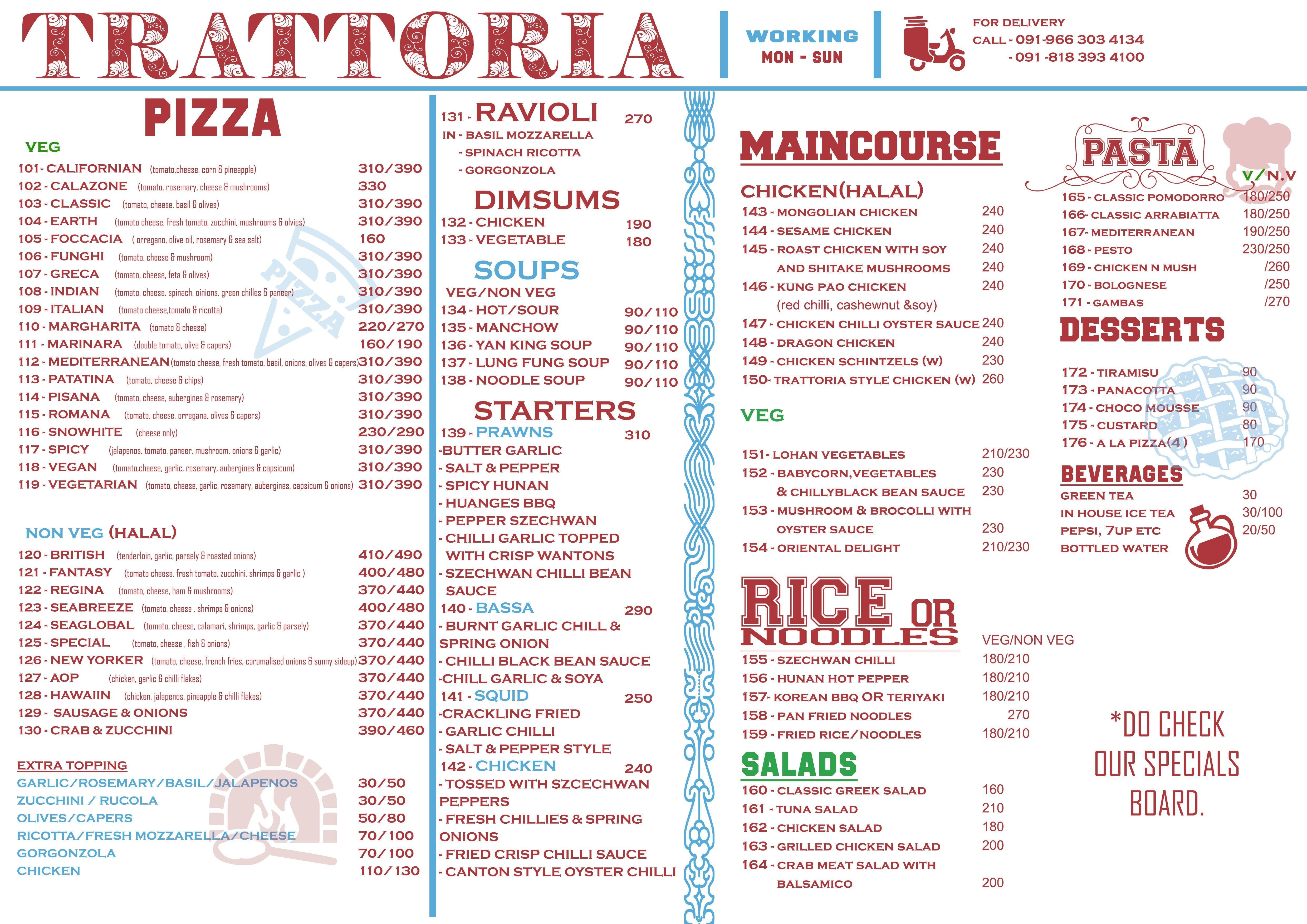 Menu for Trattoria, Balmatta, Mangalore