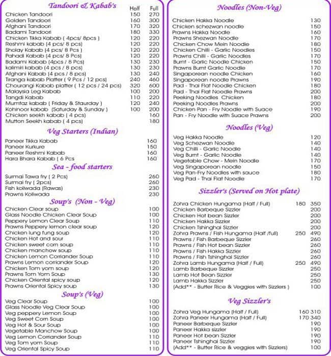 Zohra Menu, Menu for Zohra, Kharghar, Navi Mumbai Zomato