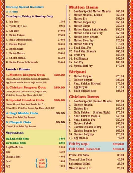 Menu of Gowdru Hotel, Indiranagar, Bangalore