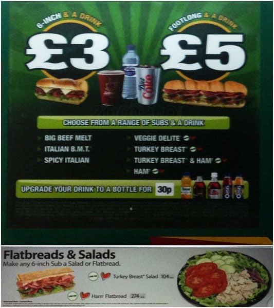 Menu at Subway fast food, Salford, 249 Bolton Rd