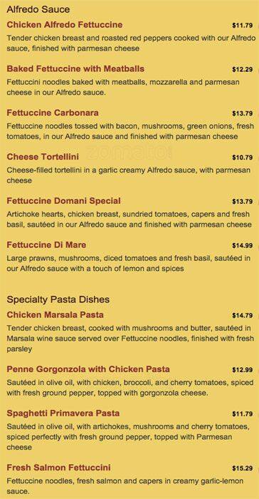 Carta de Domani Pizzeria and Restaurant