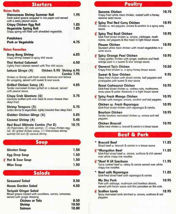 Red Bowl Menu, Menu for Red Bowl, Mountain Island, Charlotte