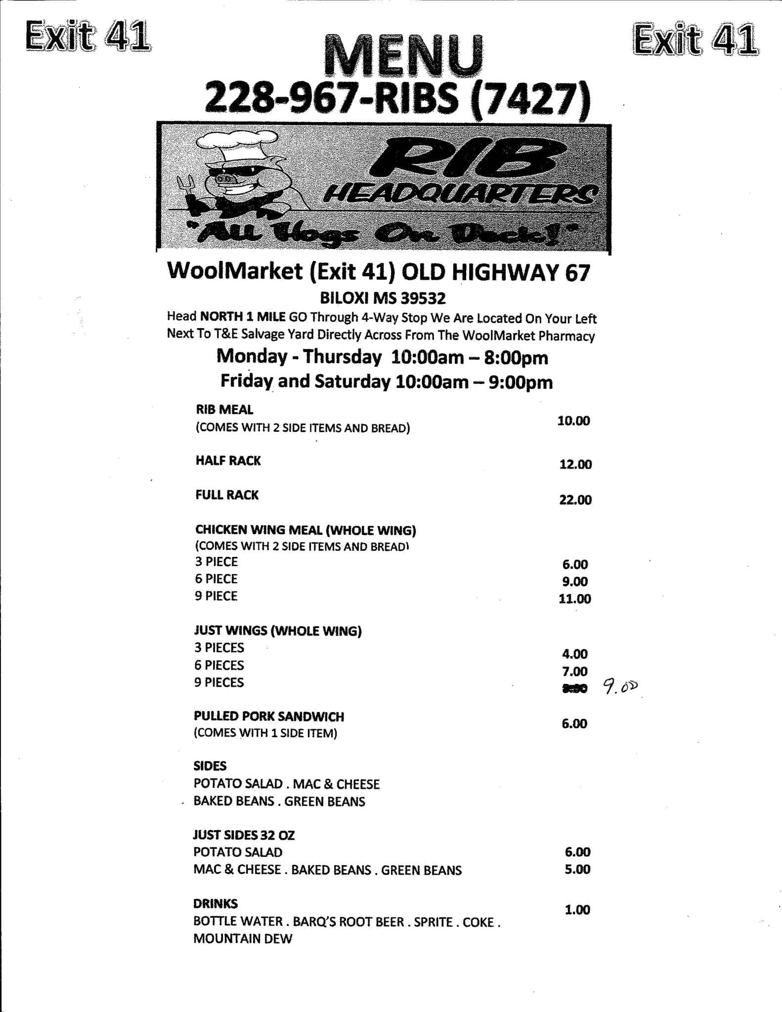 Rib Headquarters Menu, Menu for Rib Headquarters, D'Iberville, Gulfport