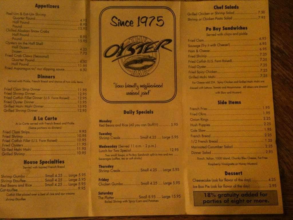 Oyster Bar Menu, Menu for Oyster Bar, Little Rock, Little Rock