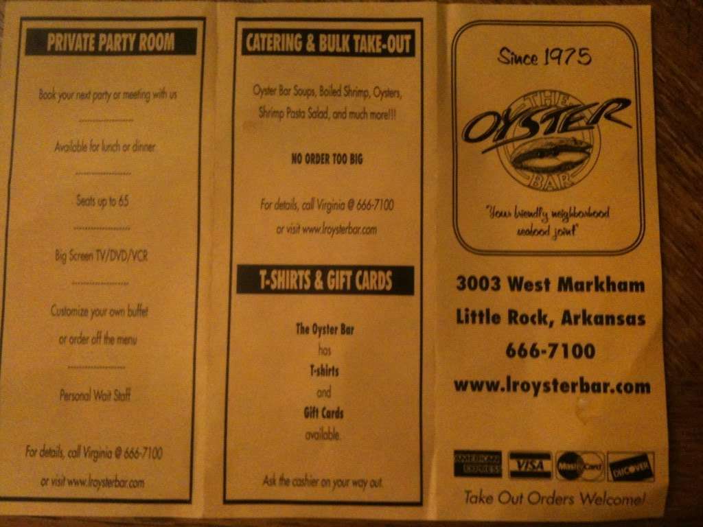 Menu at Oyster Bar, Little Rock