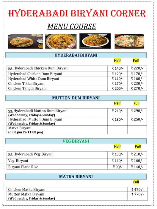Menu of Hyderabadi Biryani Corner, Bhandup, Mumbai