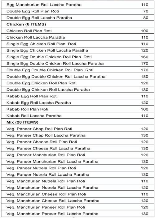 Prashant roll corner menu