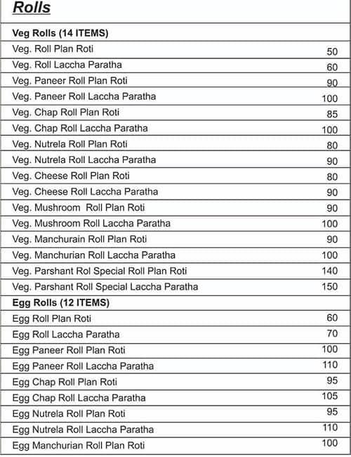 Prashant roll corner menu