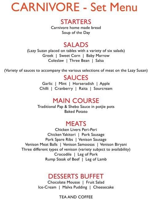 Carnivore Menu, Menu for Carnivore, Muldersdrift, West Rand - Zomato SA