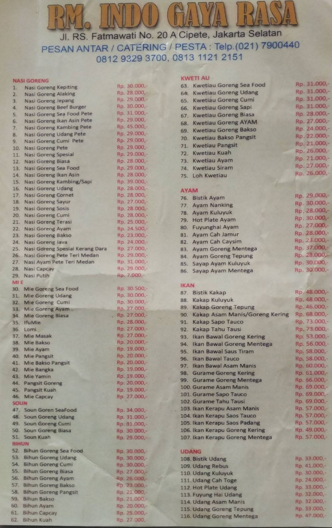 Indo Rasa Menu Menu at Indo Gaya Rasa restaurant, South Jakarta
