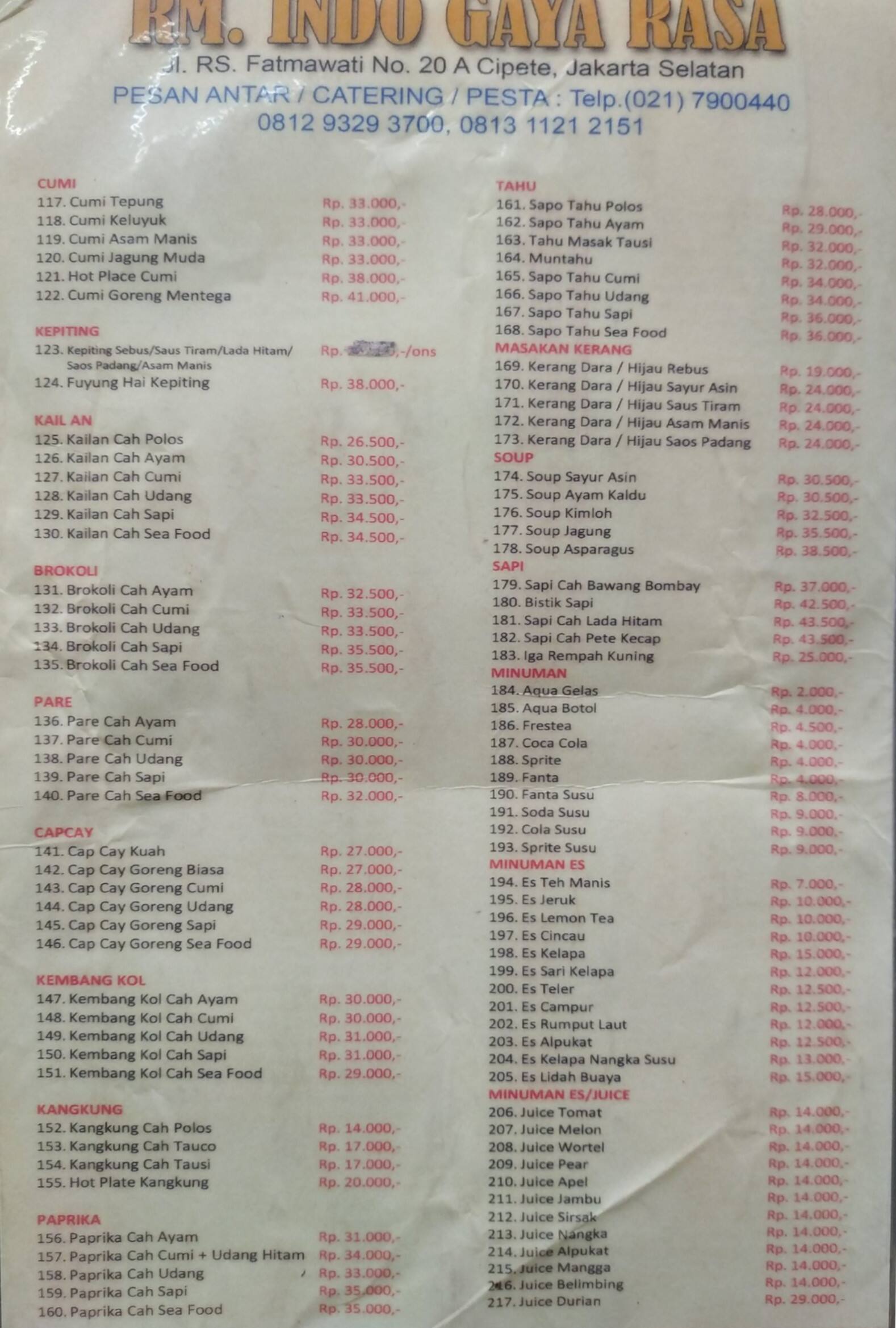 Indo Rasa Menu Menu at Indo Gaya Rasa restaurant, South Jakarta