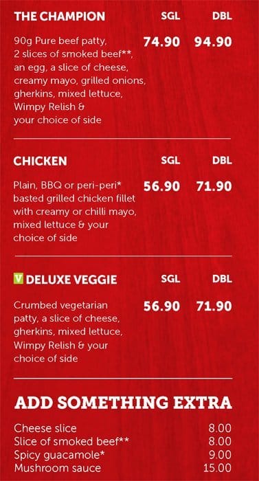 Menu at Wimpy restaurant, Centurion, Embankment Rd