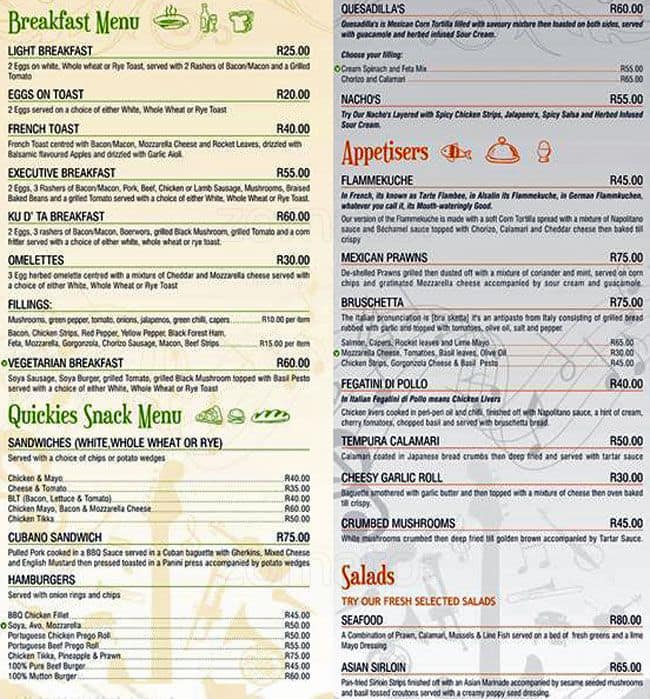 Menu at Kudta restaurant, Durban