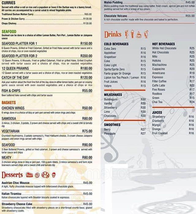 Menu at Kudta restaurant, Durban
