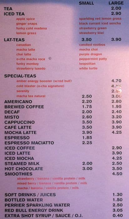 Carta de O-Cha Tea Bar, Vancouver
