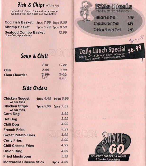 Menu at Shake N Go restaurant, Shoreline