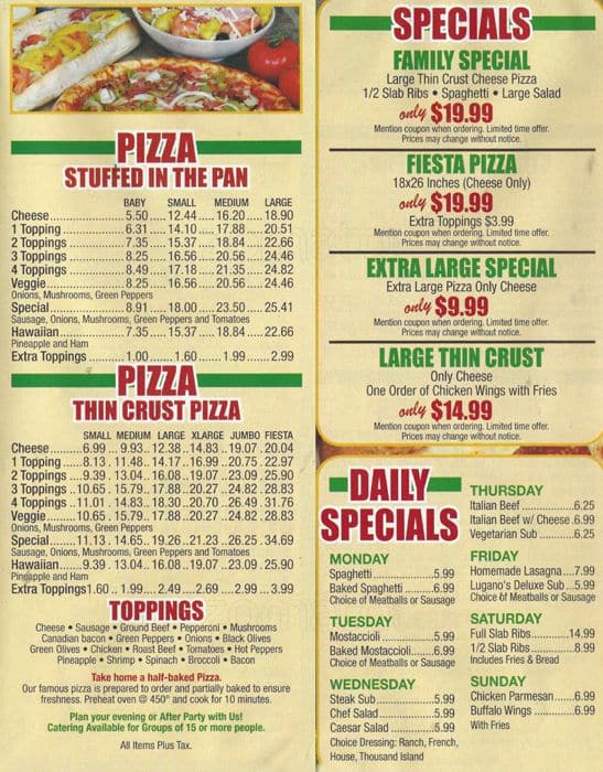 Menu at Lugano's Pizza pizzeria, Chicago, 7315 S Kedzie Ave