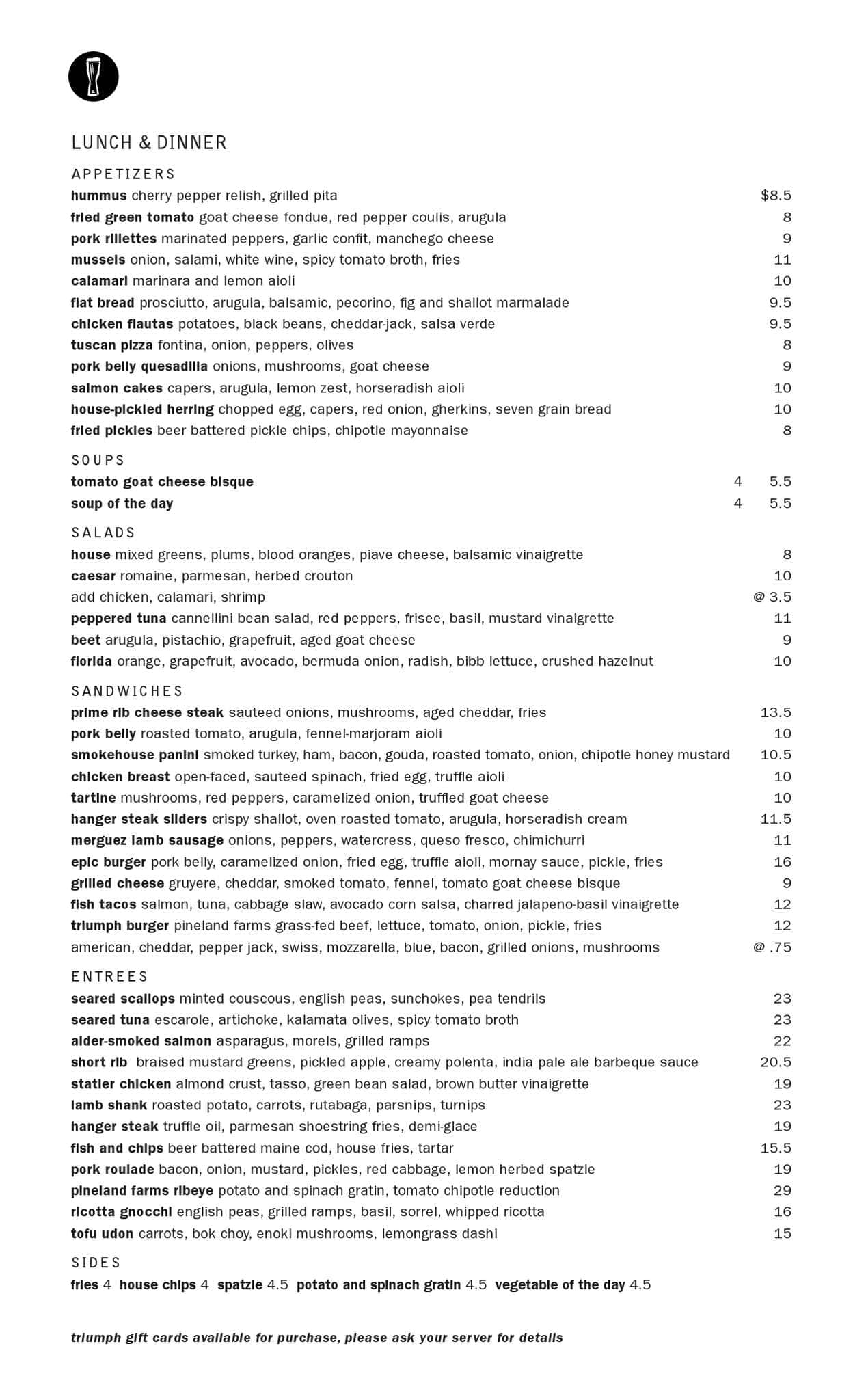 Triumph Brewing Company Menu, Menu for Triumph Brewing Company