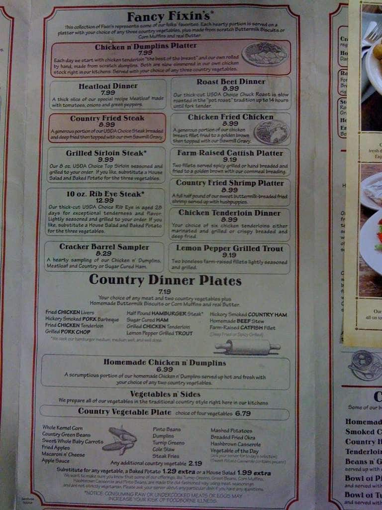 Menu at Cracker Barrel, Prattville, 796 Business Park Dr