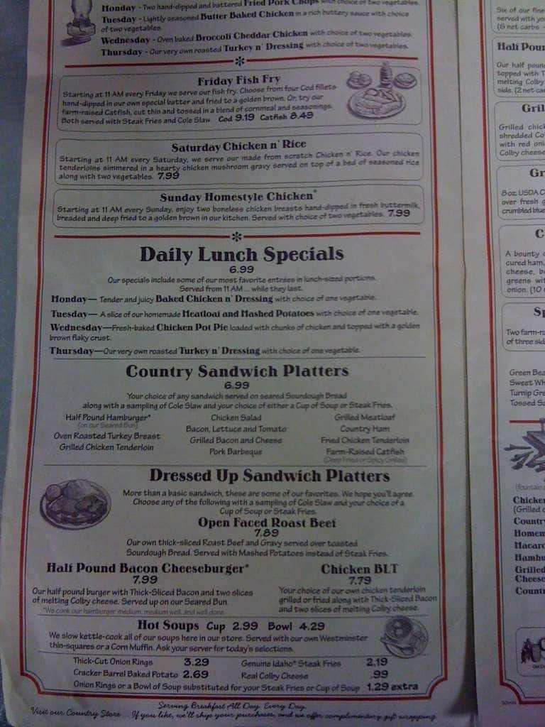 Menu at Cracker Barrel, Prattville, 796 Business Park Dr