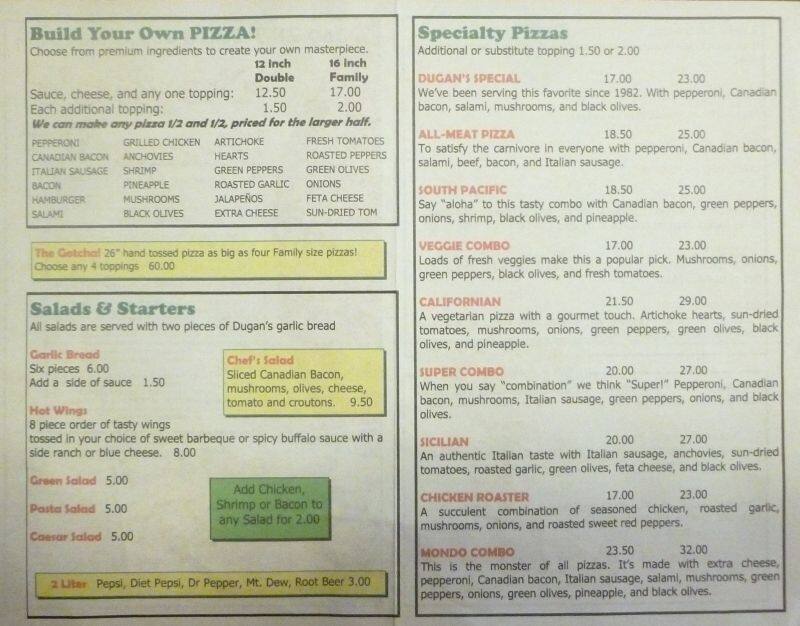 Menu at Dugan's Pizza pizzeria, Ocean Shores