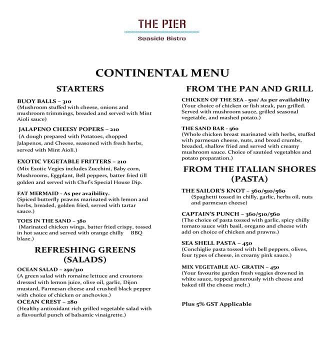 Menu at The Pier Seaside Bistro, Mormugao