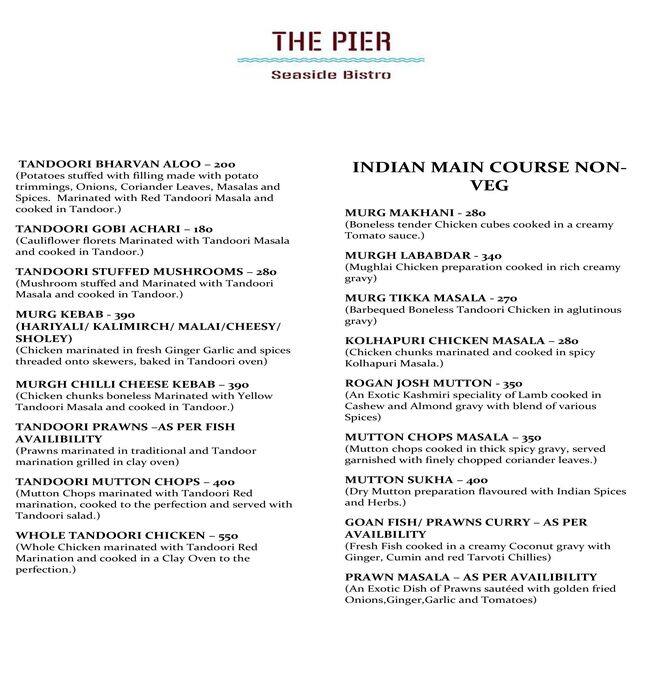 Menu at The Pier Seaside Bistro, Mormugao