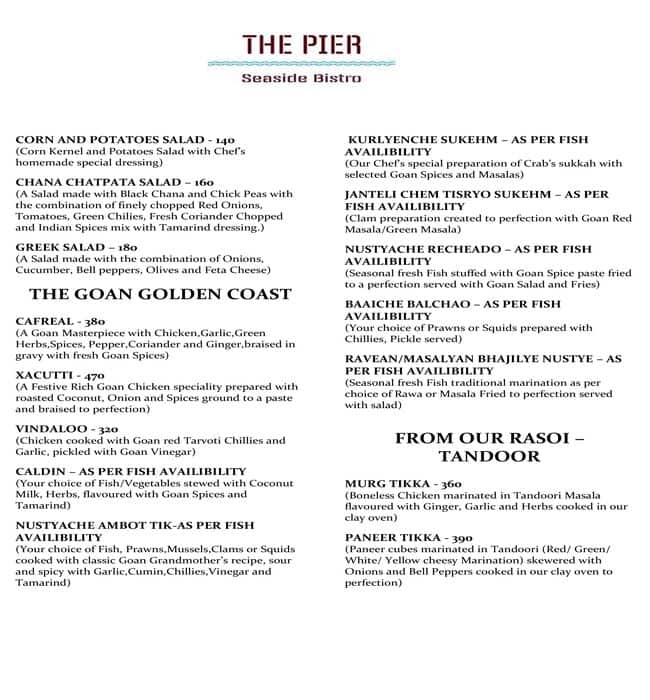 Menu at The Pier Seaside Bistro, Mormugao