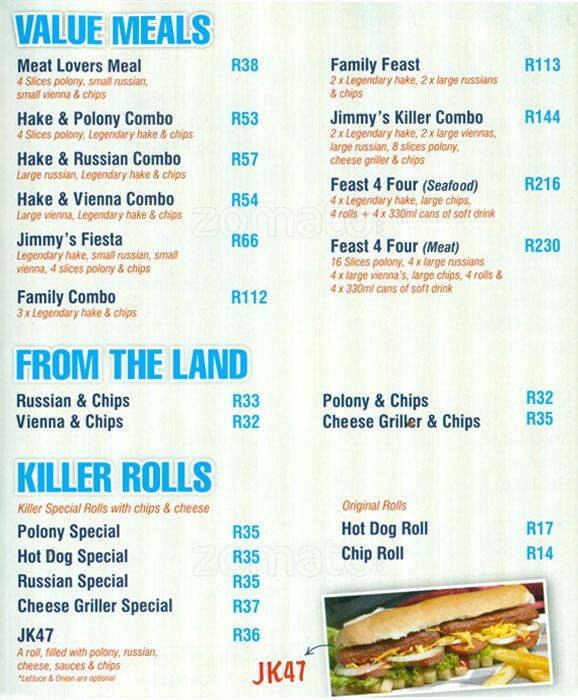 Speisekarte von Jimmy's Killer Fish & Chips restaurant, Randburg, Shop