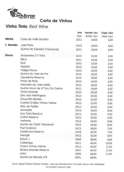 Menu at The CorkScrew pub & bar, Lisbon