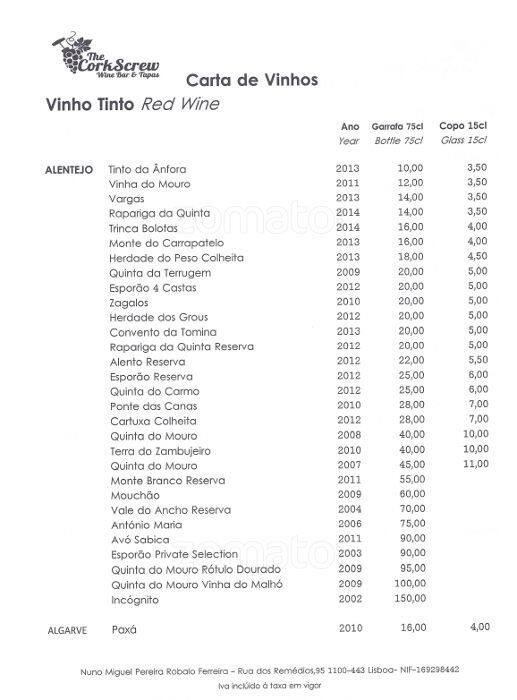 Menu at The CorkScrew pub & bar, Lisbon