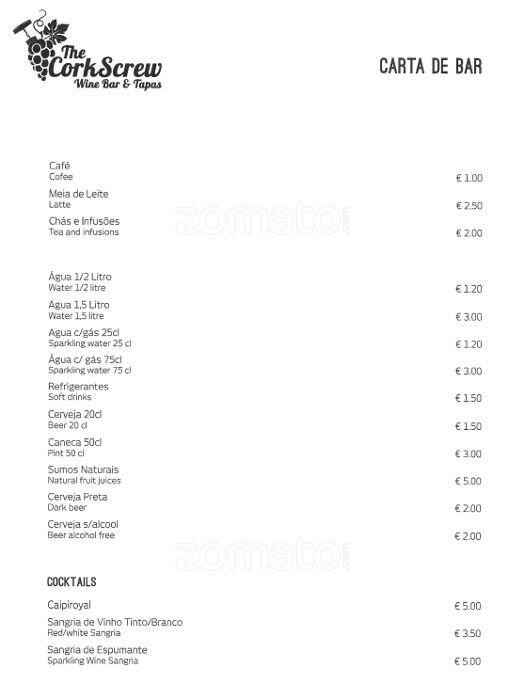 Menu at The CorkScrew pub & bar, Lisbon
